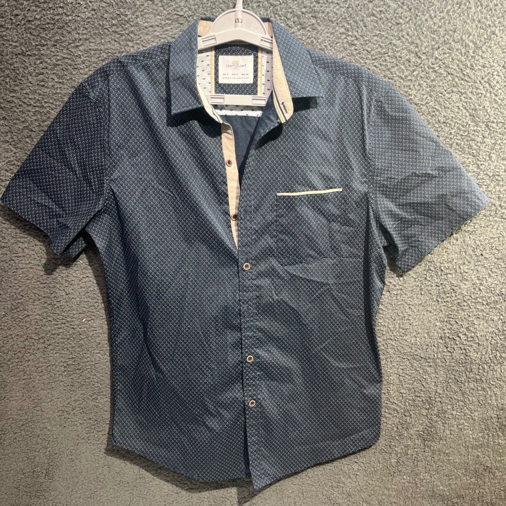 Craft and Flow Men's Blue Patterned Short Sleeve Button Down Shirt